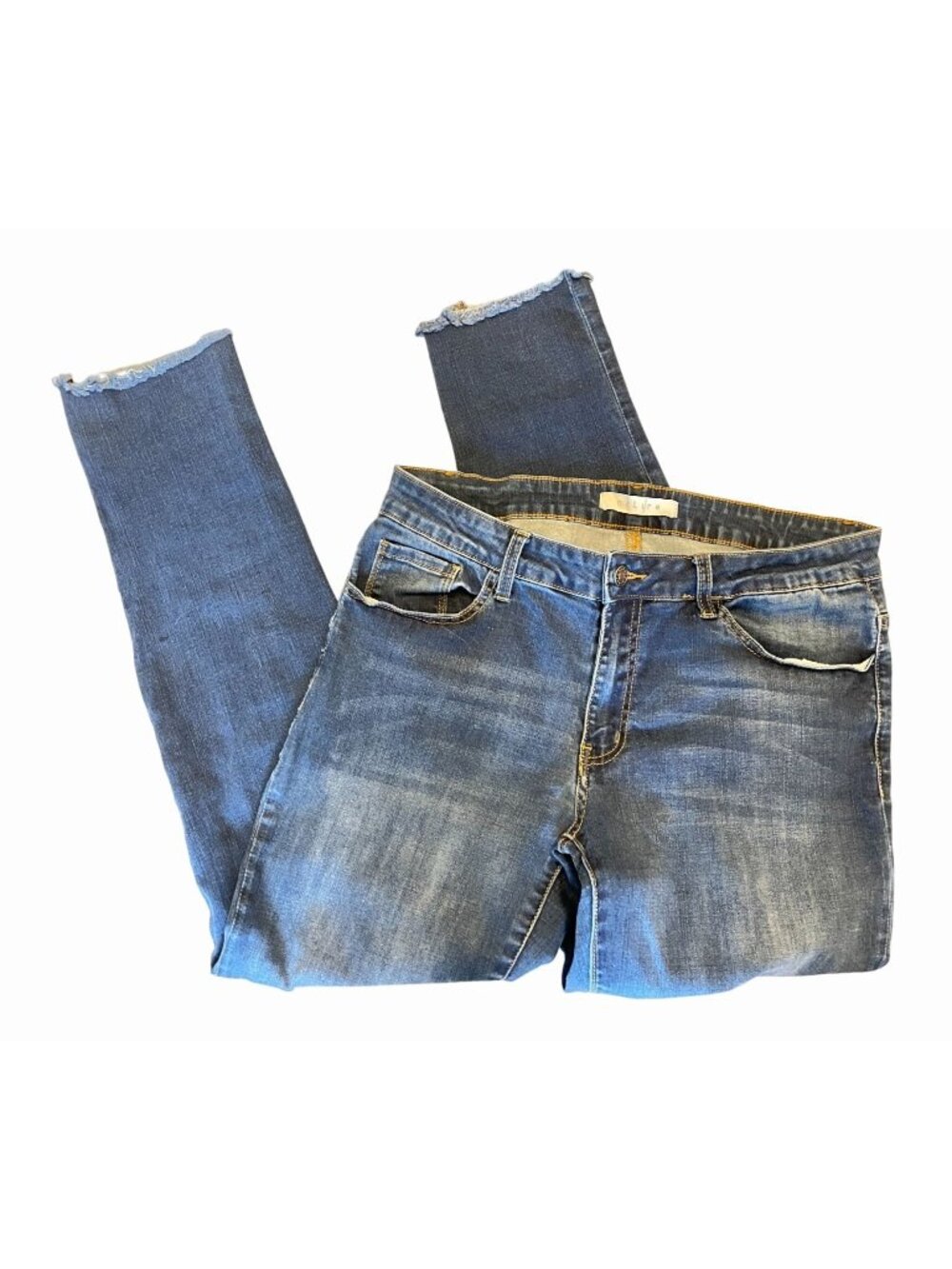 Nature Mid‑Rise Slim Stretch Jeans – Dark Wash, Raw Hem – Size 15, 27.5”